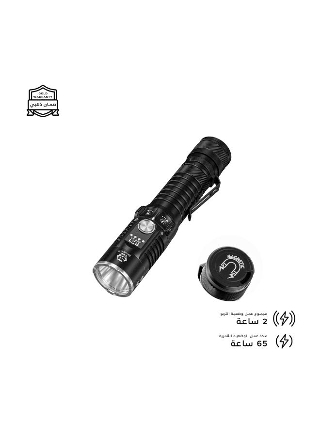 مصباح يدوي LED طراز S21، بقوة 5000 لومن، قابل لإعادة الشحن عبر منفذ USB-C، مدى إضاءة يصل إلى 400 متر، هيكل متين من الألومنيوم، مقاوم للماء، لون أسود.